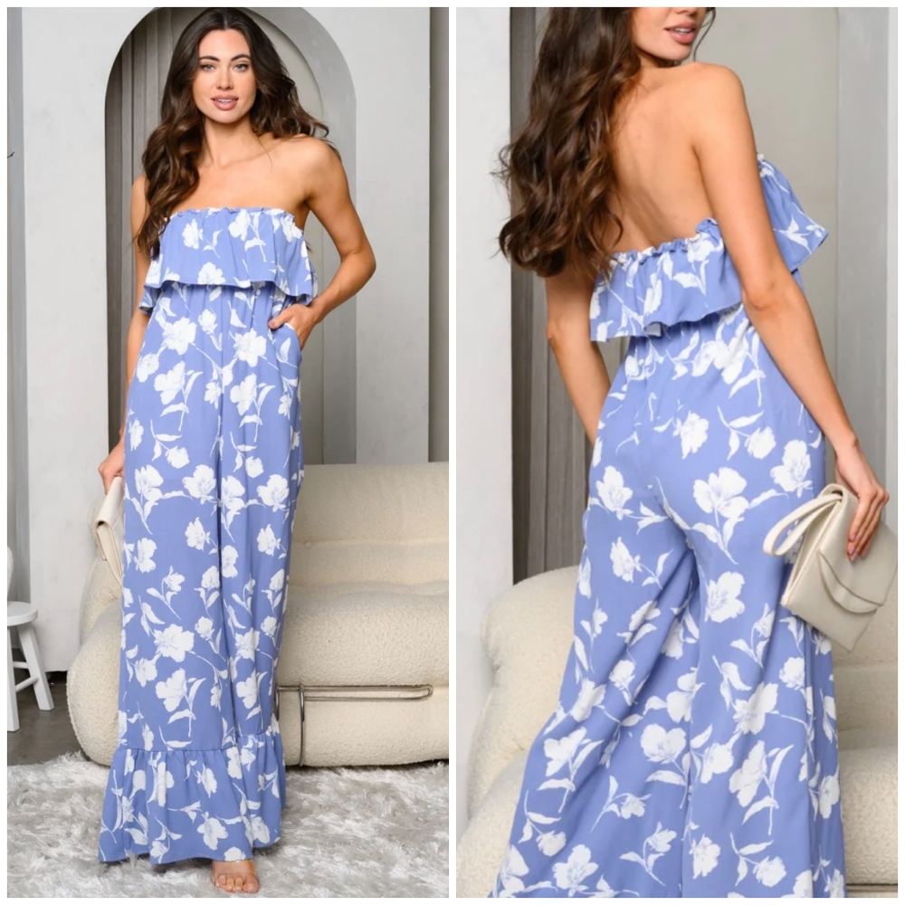 TCEC Boho Blue Floral Jumpsuit